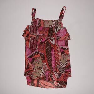 Y2K W Orange And Brown Tank With A Floral Abstract Pattern And Ruffles Size 4
